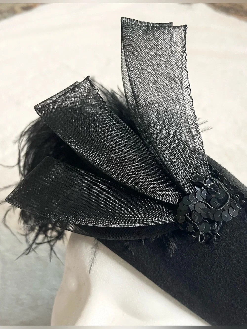 Vintage Black Wool Feathered Organza Fascinator Hat Derby Church Wedding Funeral